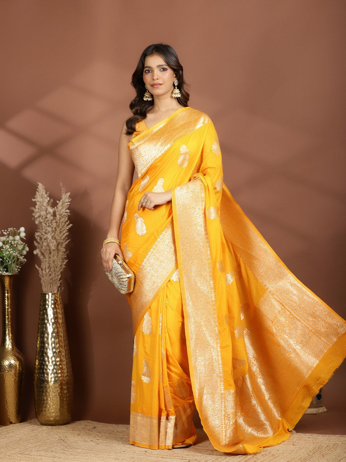 Mustard Zari Booti Art Silk Saree