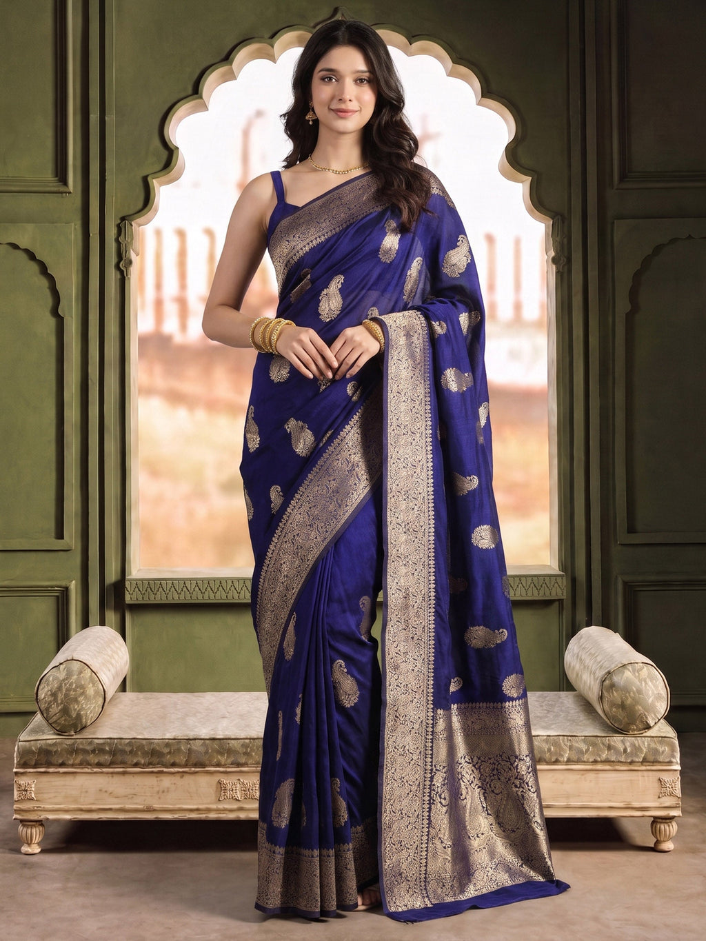Navy Blue Woven Design Art Silk Saree