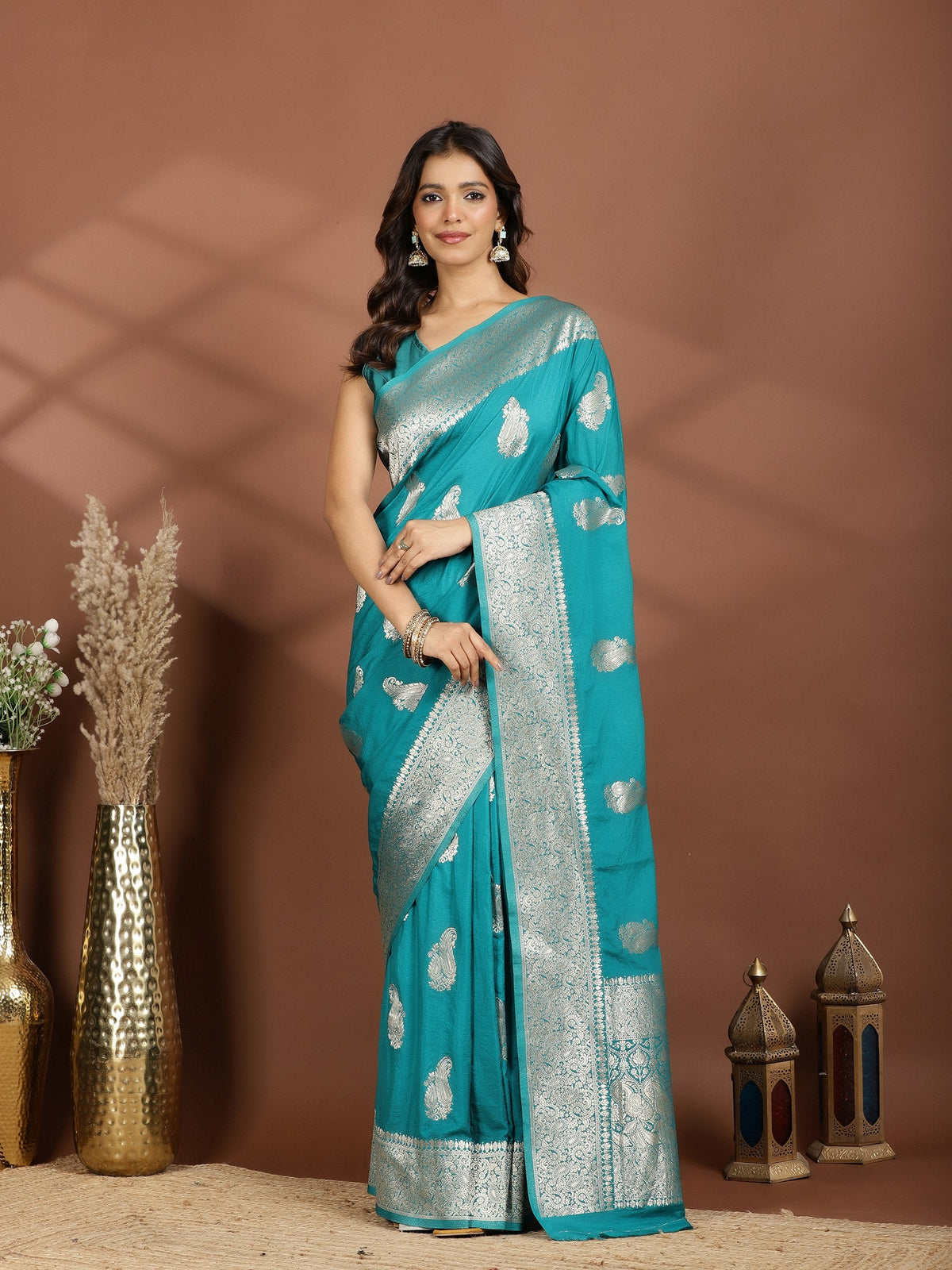Rama Green Zari Booti Art Silk Saree