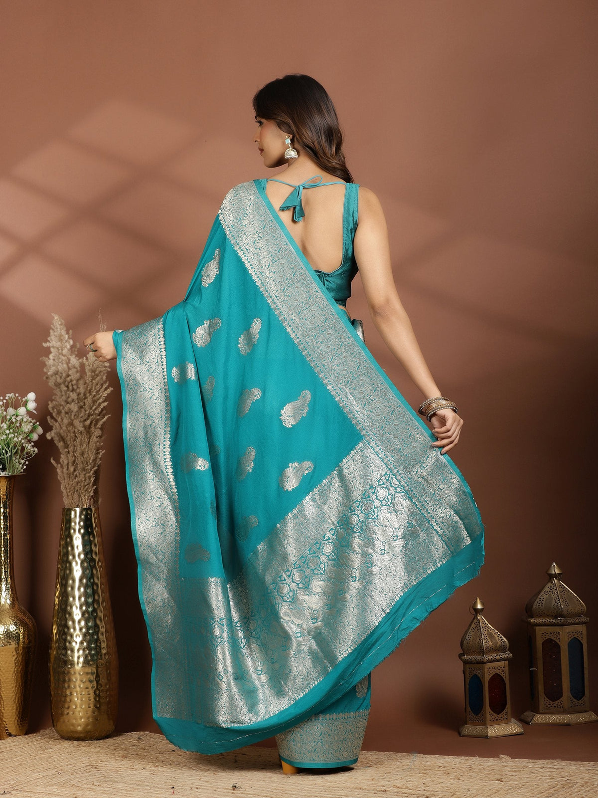 Rama Green Zari Booti Art Silk Saree