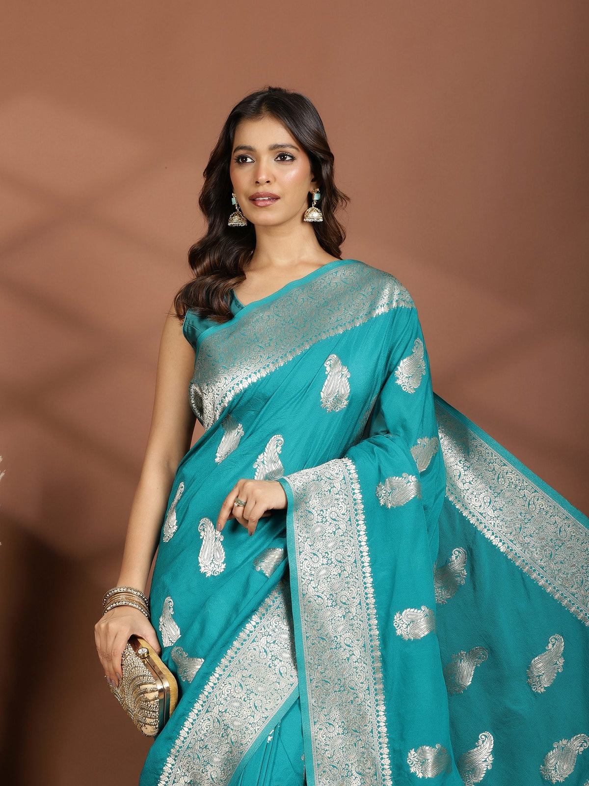 Rama Green Zari Booti Art Silk Saree