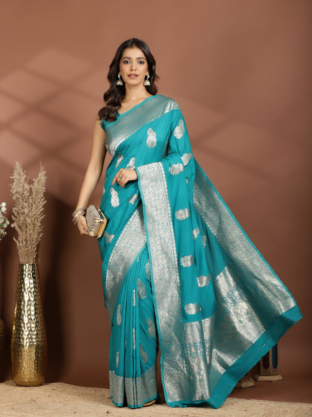 Rama Green Zari Booti Art Silk Saree
