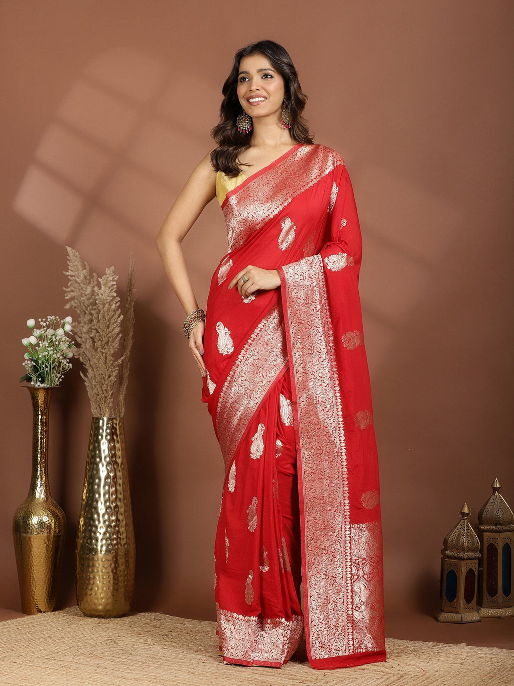 Red Zari Booti Art Silk Saree
