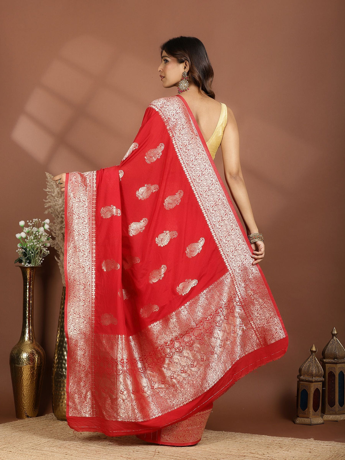 Red Zari Booti Art Silk Saree