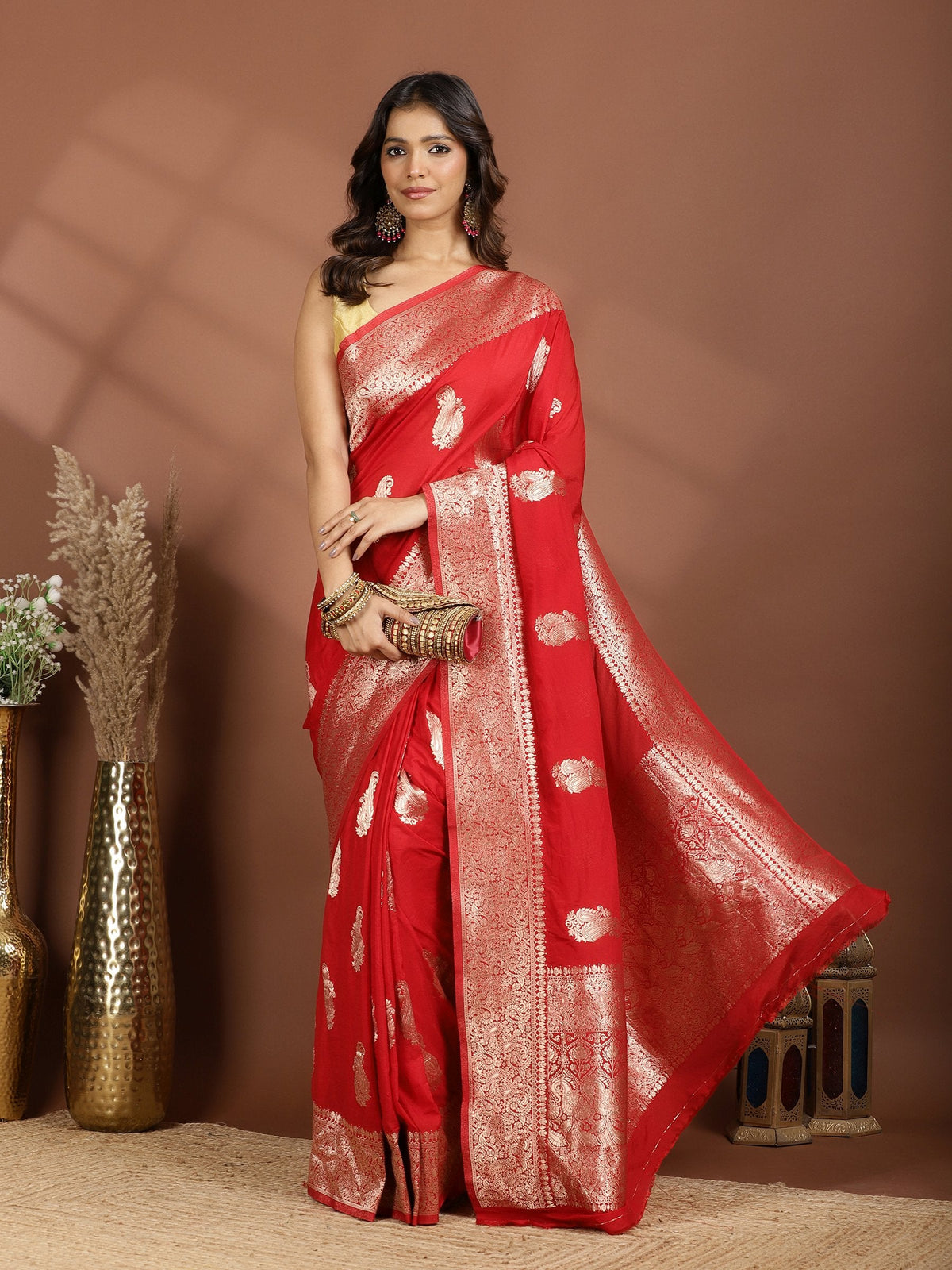 Red Zari Booti Art Silk Saree