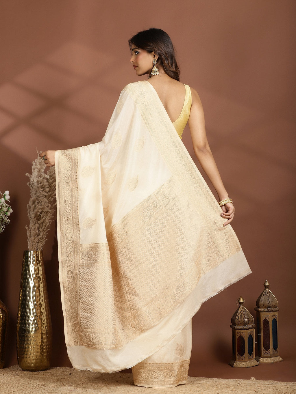 Beige Zari Booti Art Silk Saree