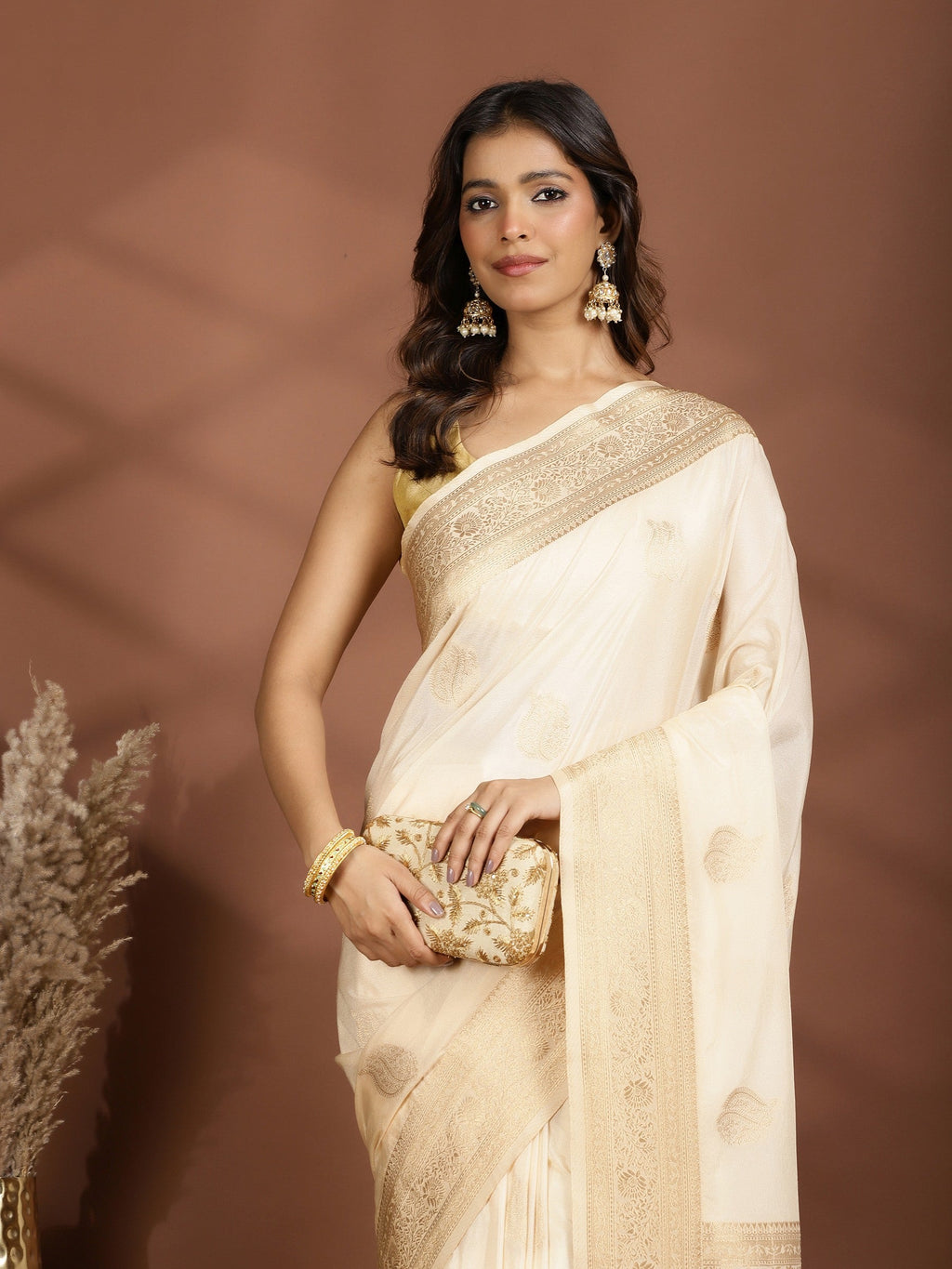 Beige Zari Booti Art Silk Saree