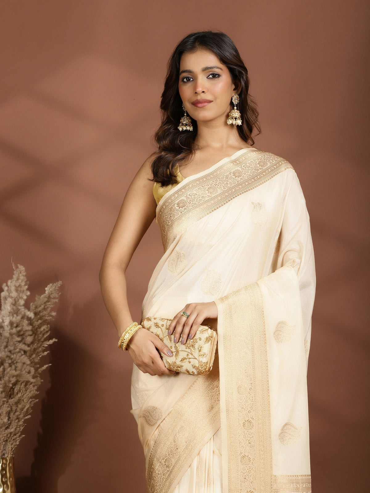 Beige Zari Booti Art Silk Saree