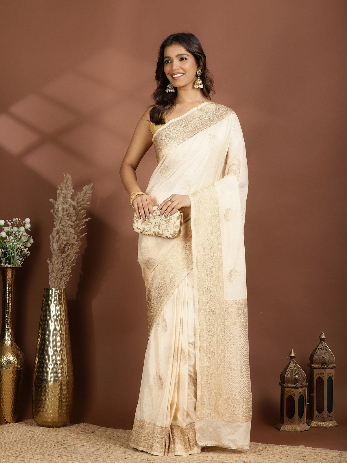 Beige Zari Booti Art Silk Saree