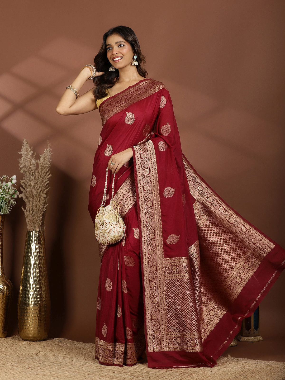 Magenta Zari Booti Art Silk Saree