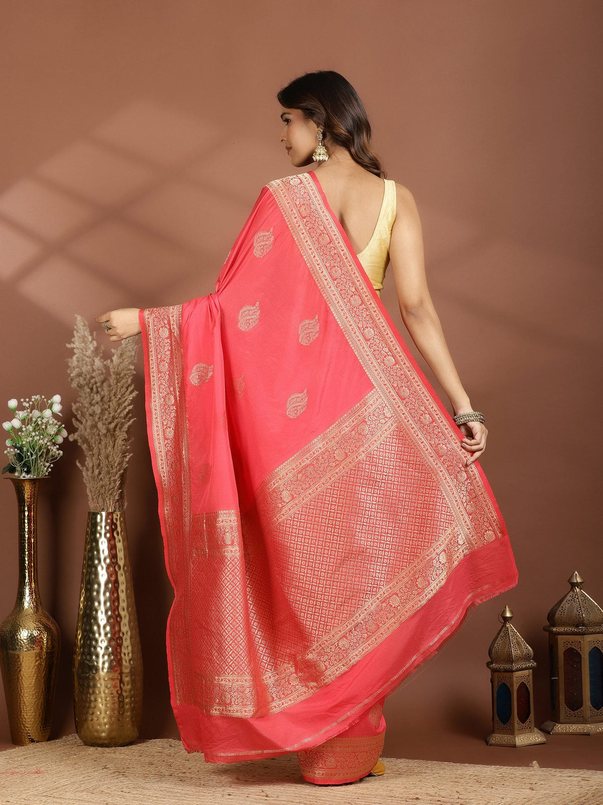 Peach Zari Booti Art Silk Saree