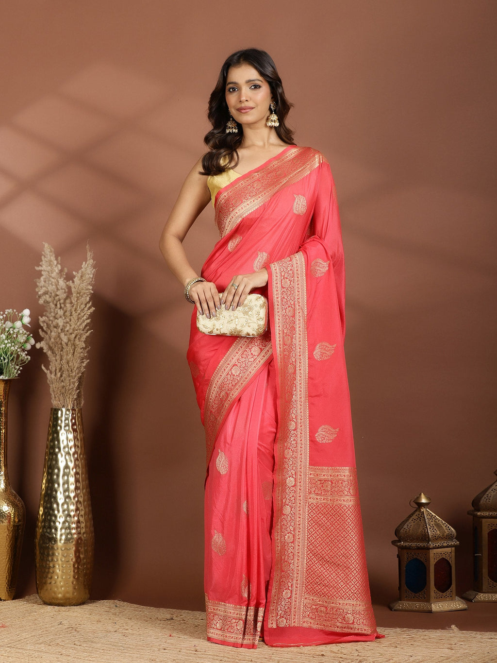 Peach Zari Booti Art Silk Saree