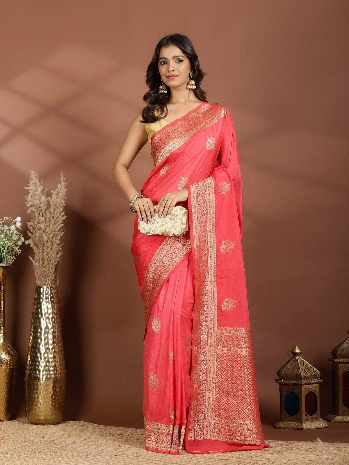 Peach Zari Booti Art Silk Saree