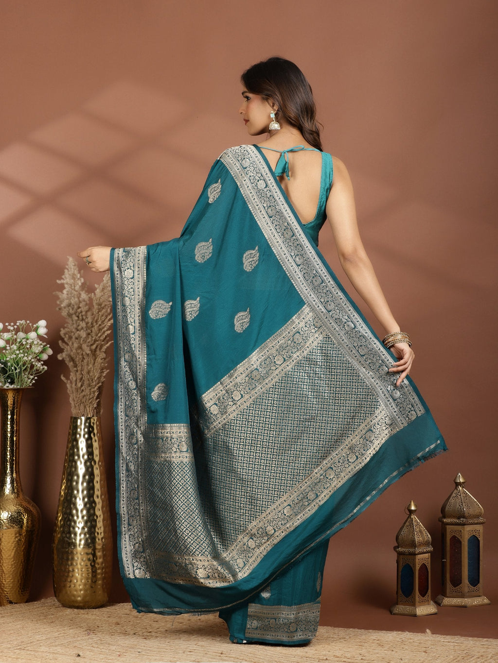 Peacock Blue Zari Booti Art Silk Saree