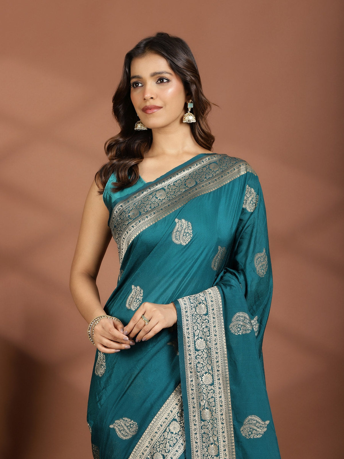Peacock Blue Zari Booti Art Silk Saree