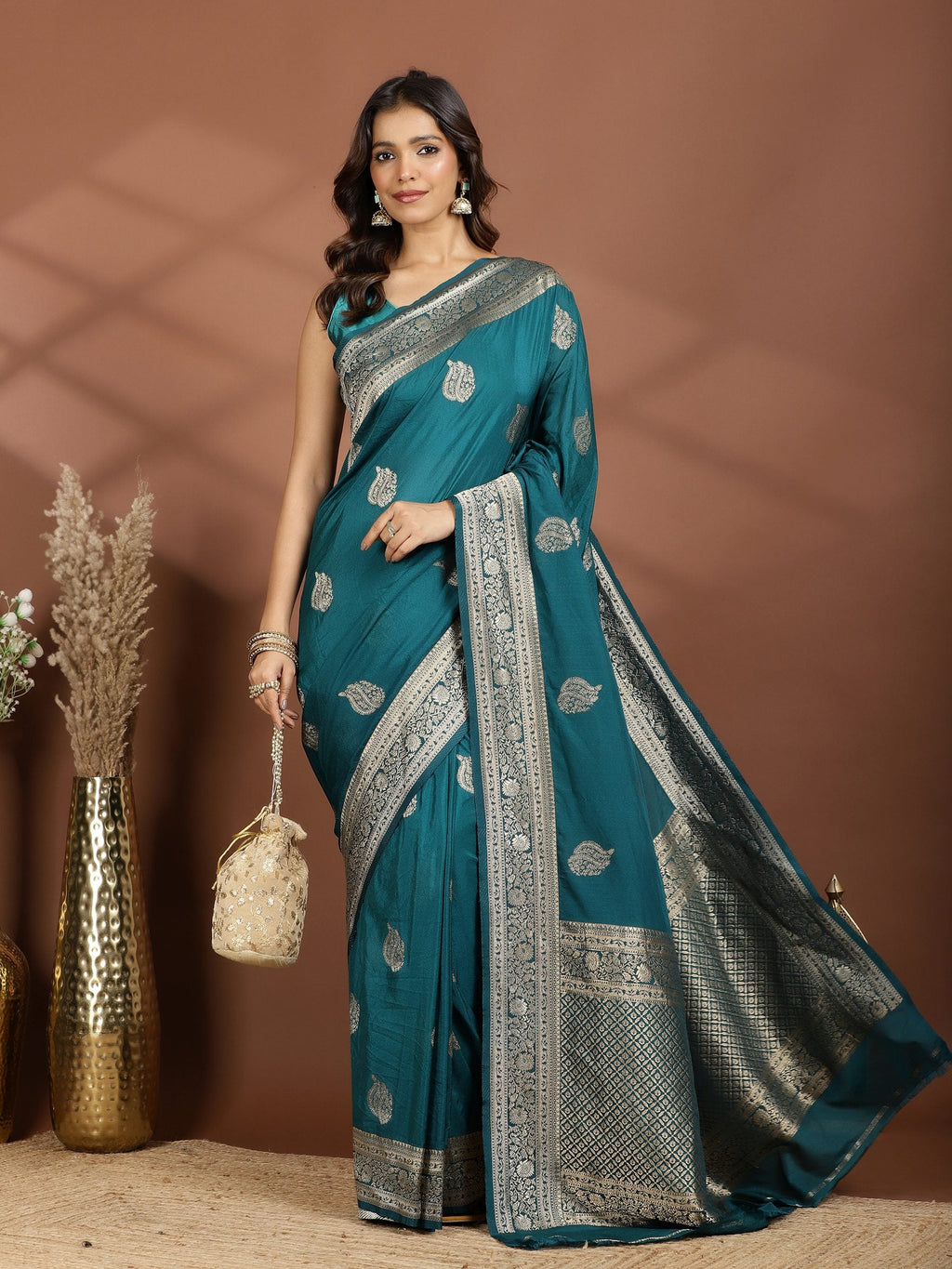 Peacock Blue Zari Booti Art Silk Saree