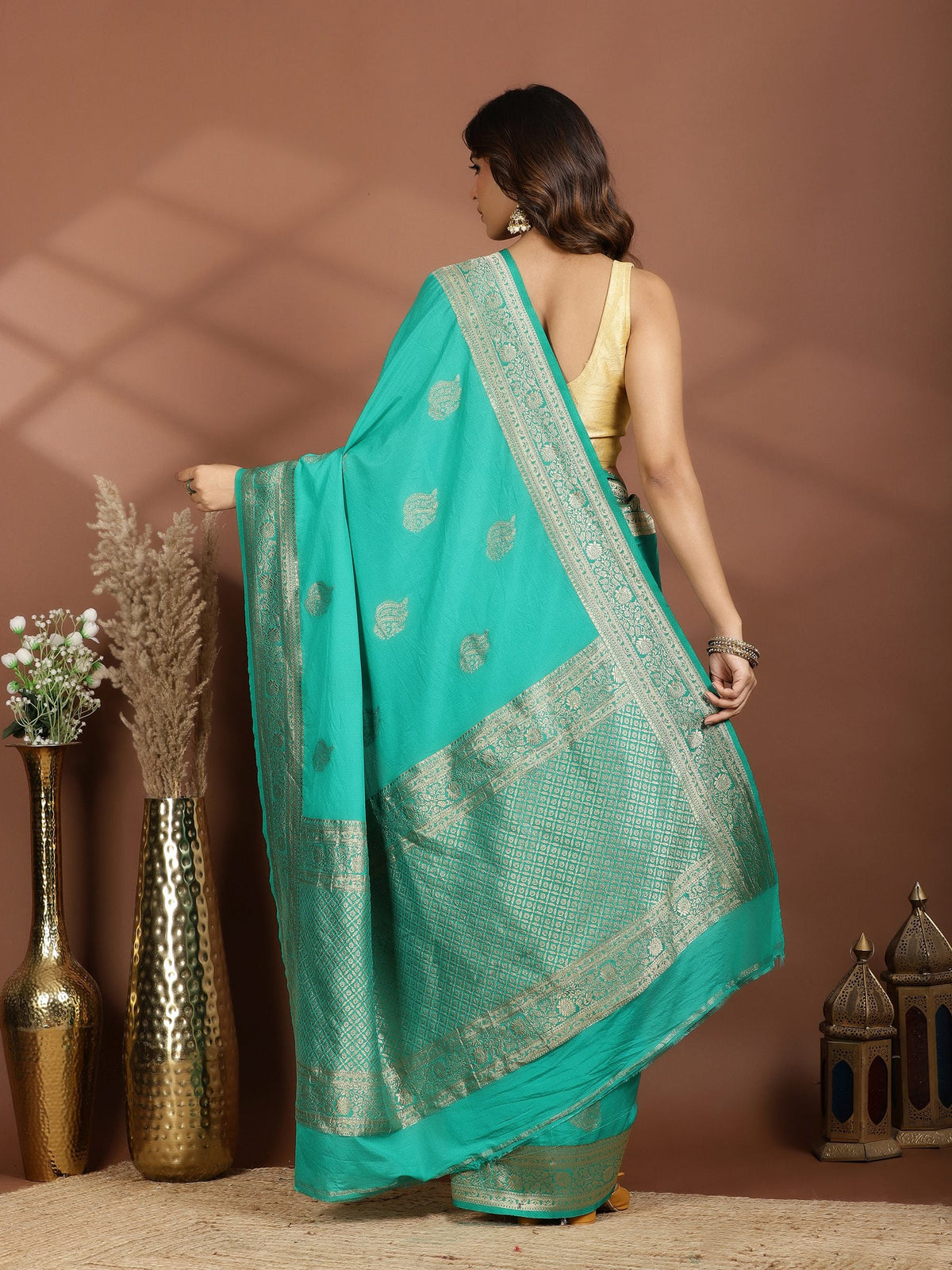 Rama Green Zari Booti Art Silk Saree