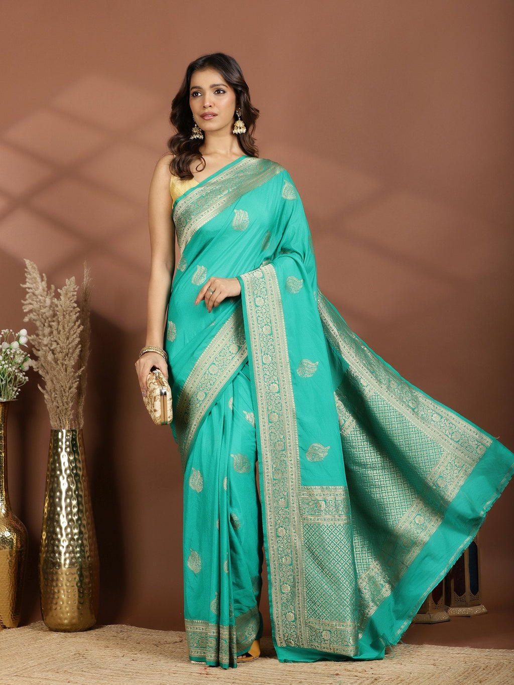 Rama Green Zari Booti Art Silk Saree