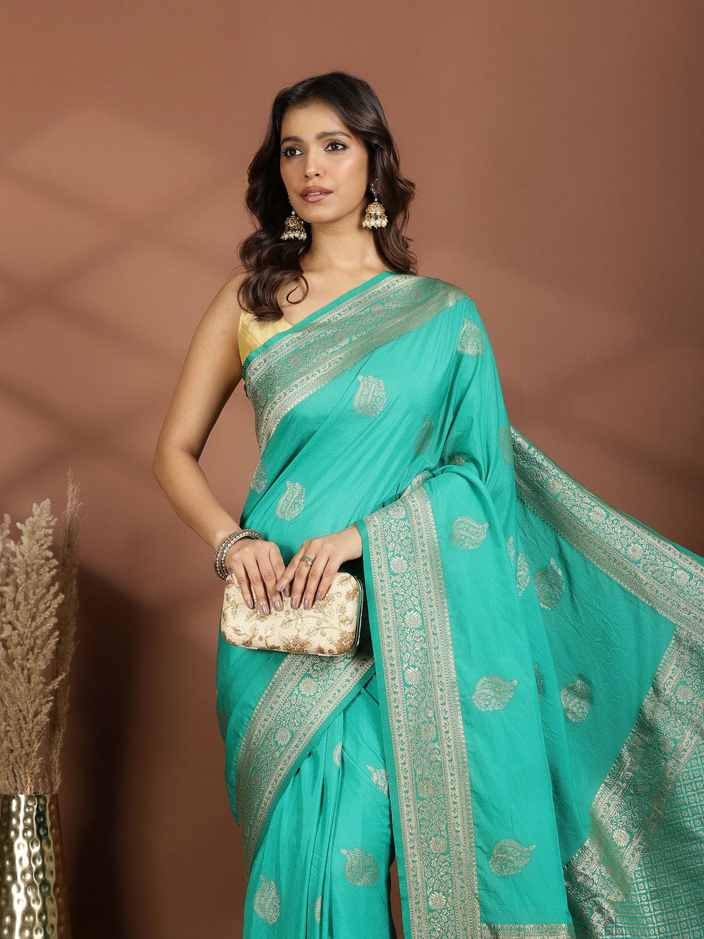 Rama Green Zari Booti Art Silk Saree