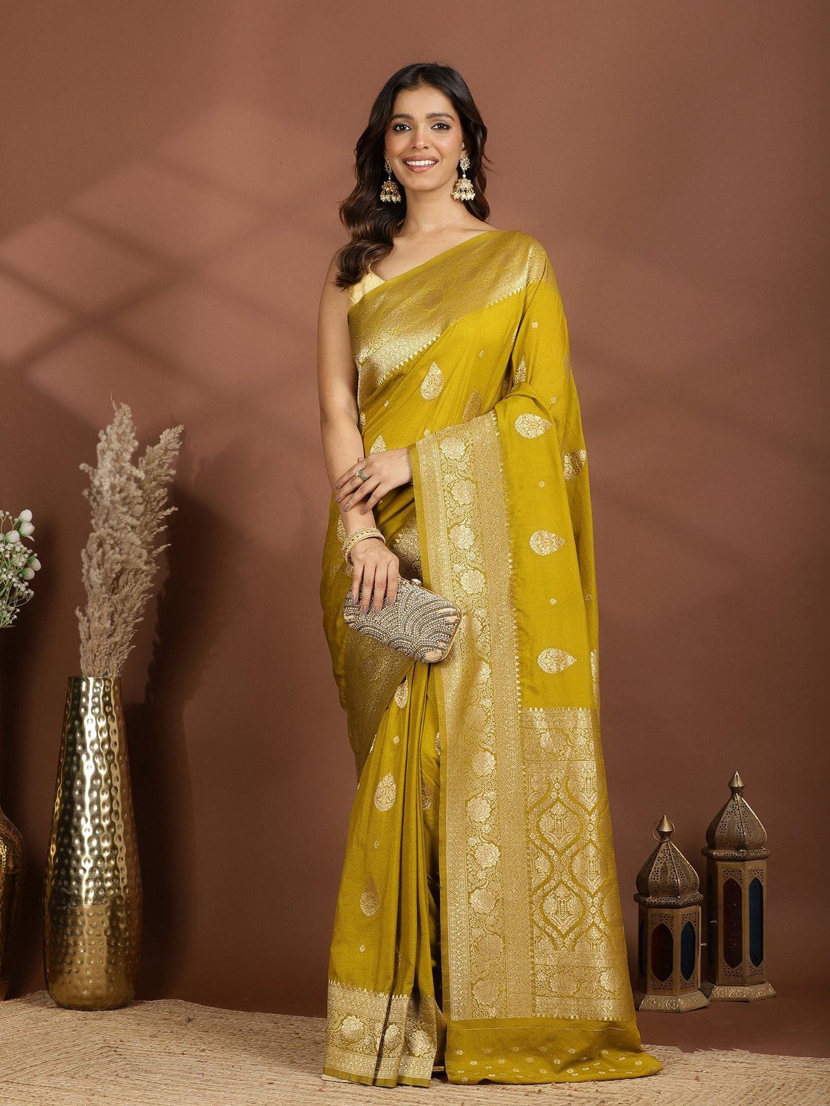 Lemon Zari Booti Art Silk Saree