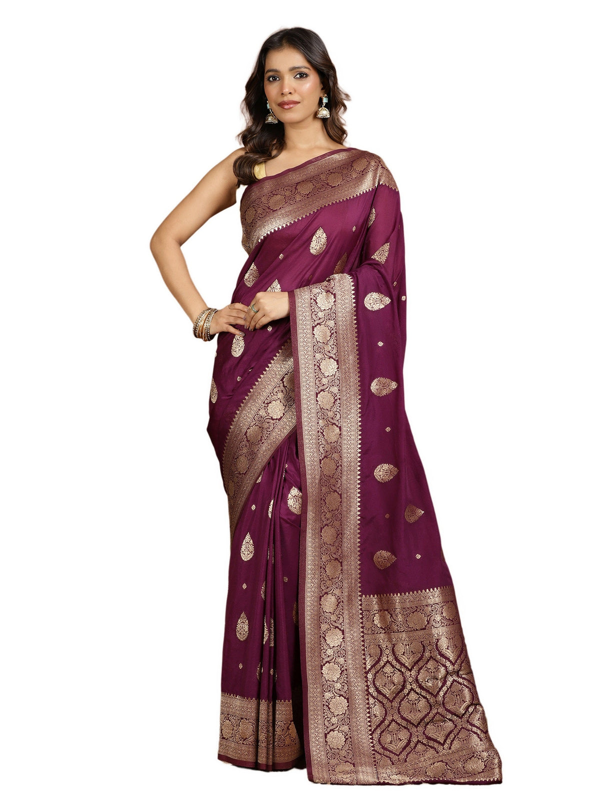 Purple Zari Booti Art Silk Saree