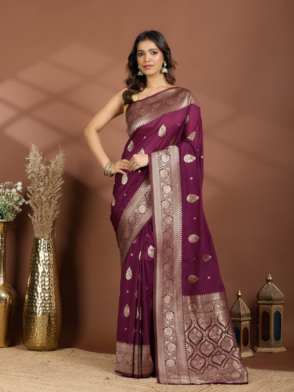 Purple Zari Booti Art Silk Saree