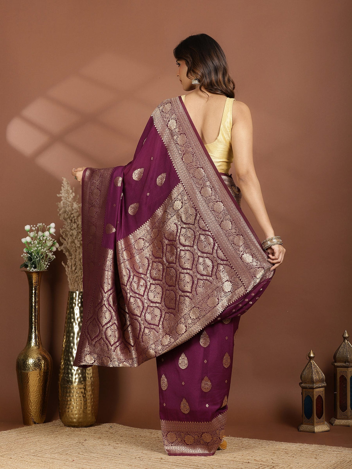 Purple Zari Booti Art Silk Saree