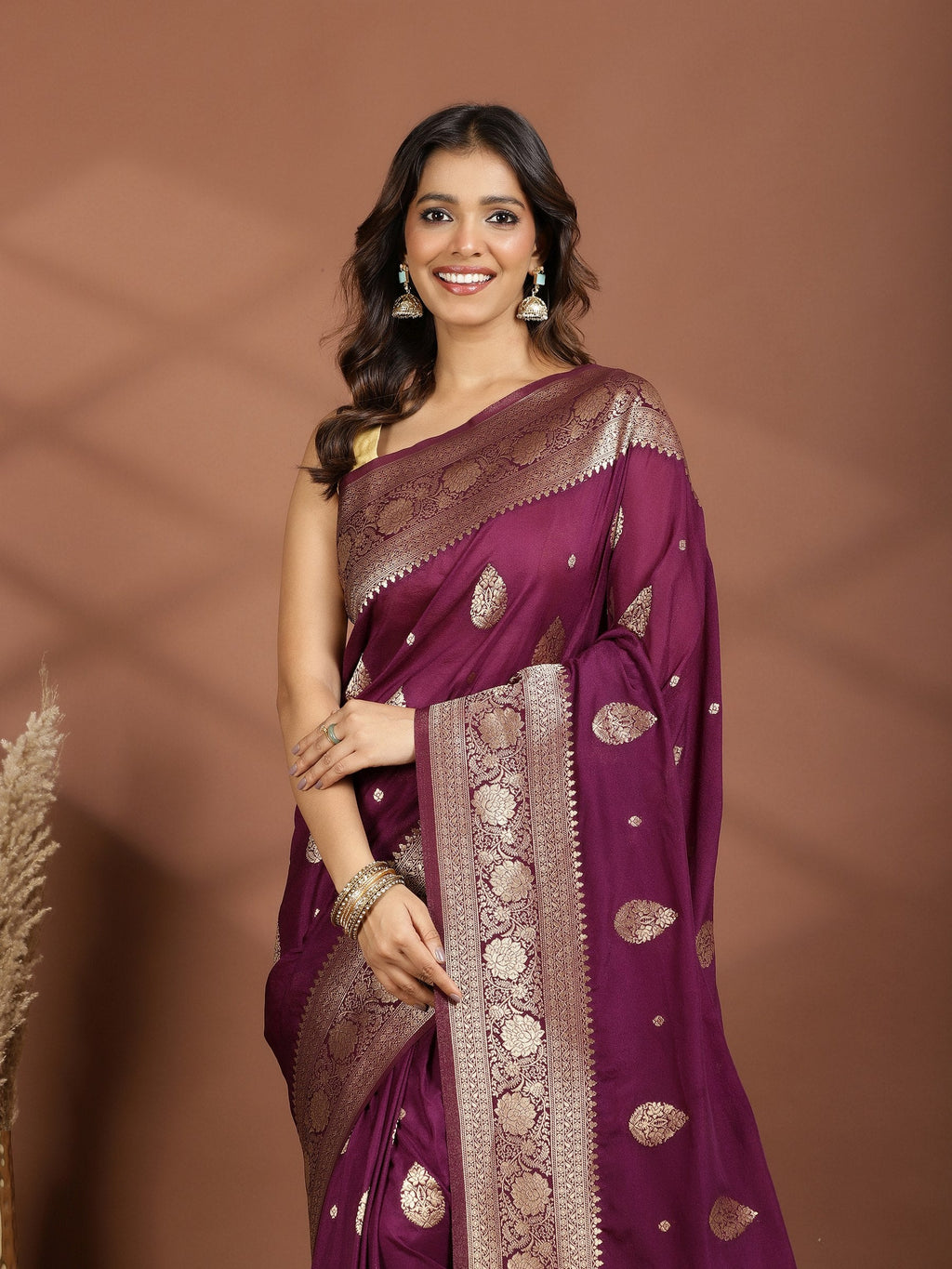 Purple Zari Booti Art Silk Saree