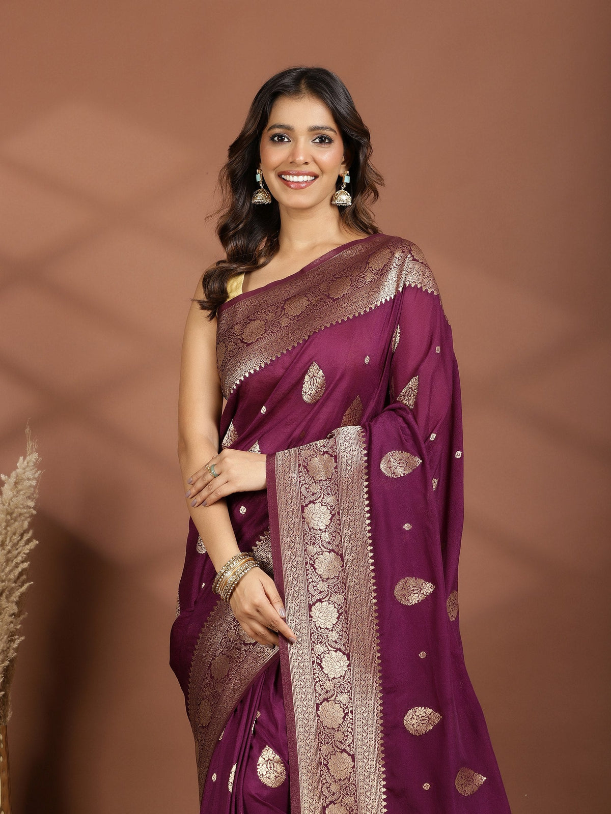 Purple Zari Booti Art Silk Saree