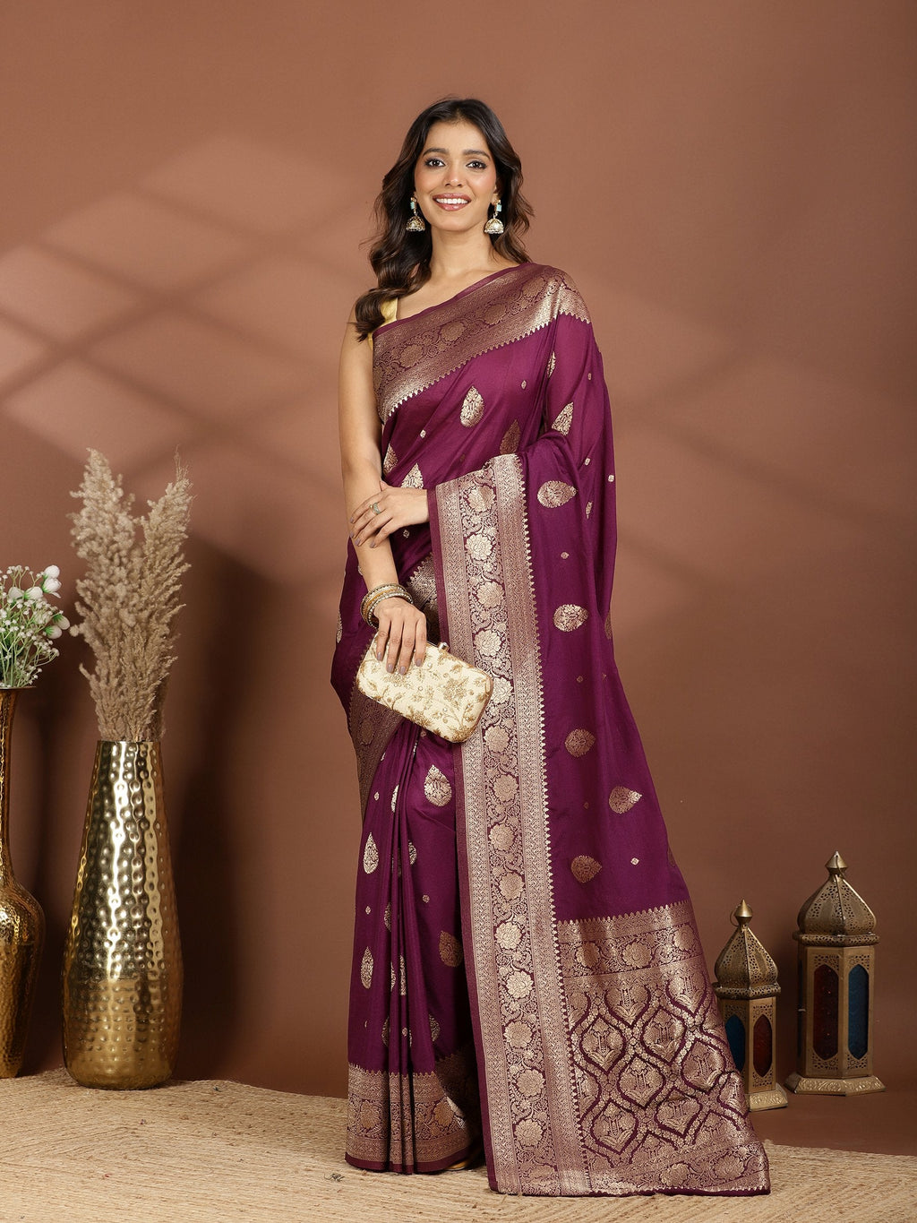 Purple Zari Booti Art Silk Saree