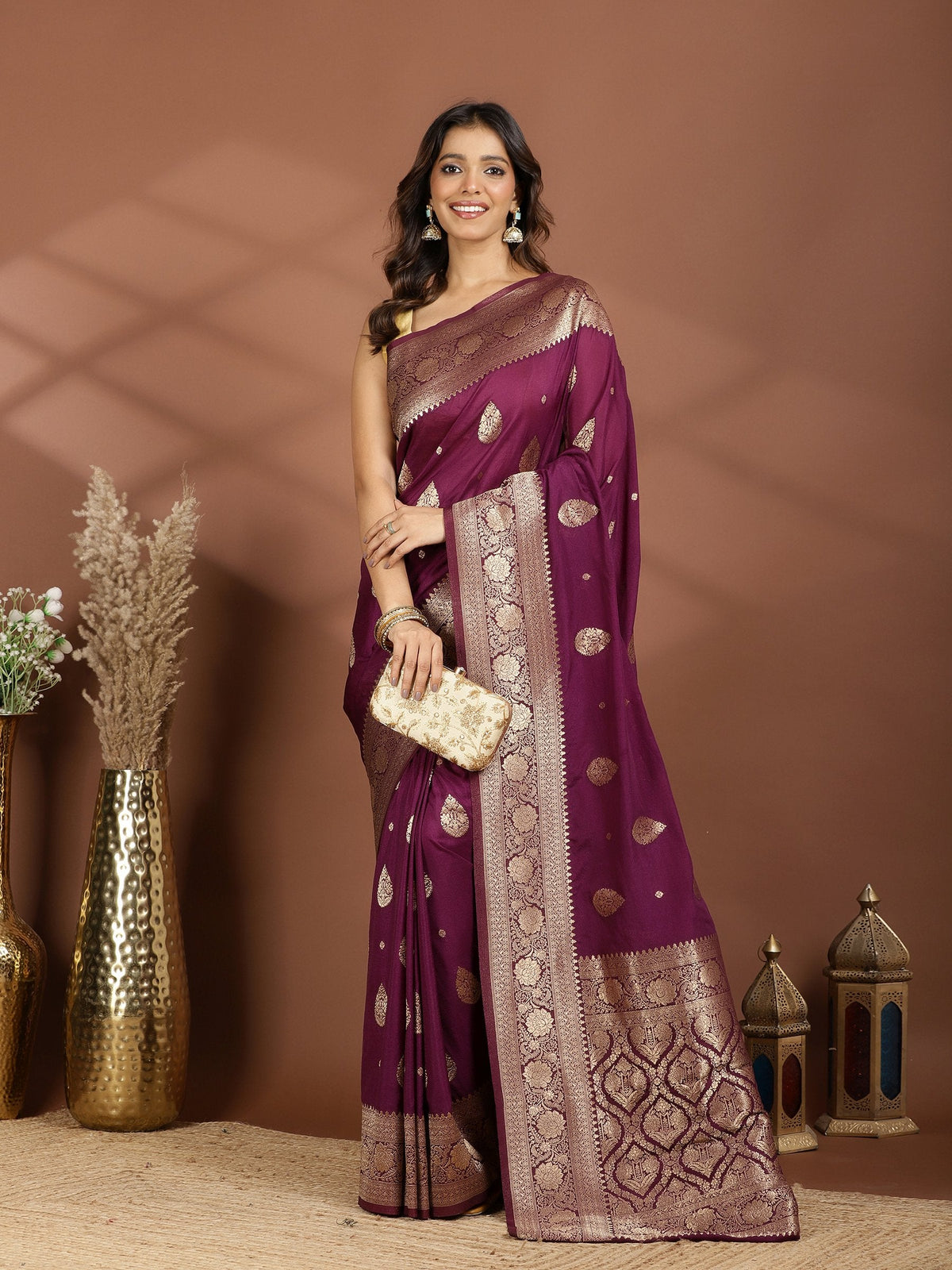 Purple Zari Booti Art Silk Saree