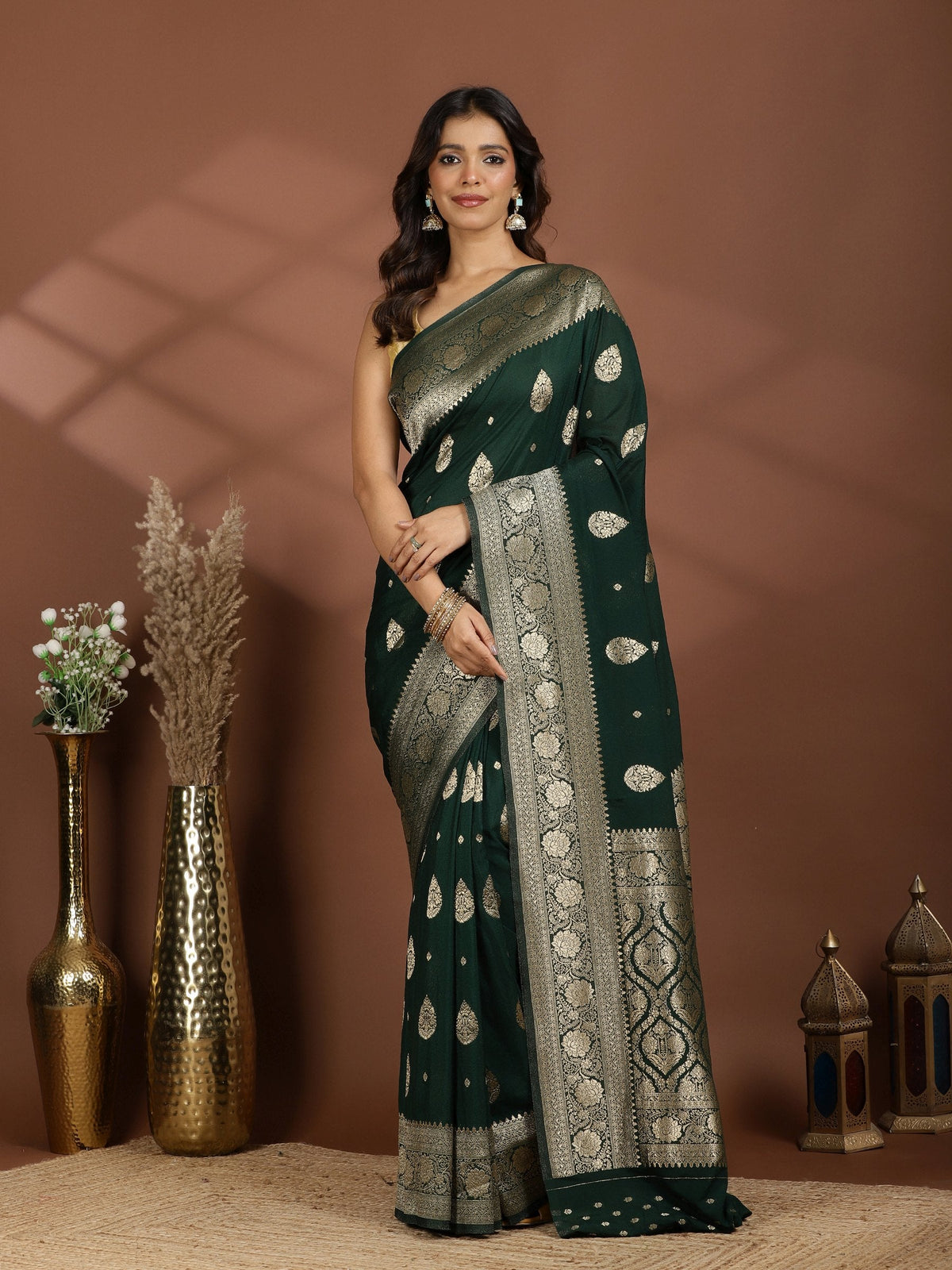 Rama Green Zari Booti Art Silk Saree
