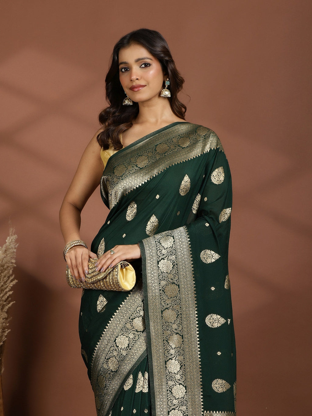 Rama Green Zari Booti Art Silk Saree