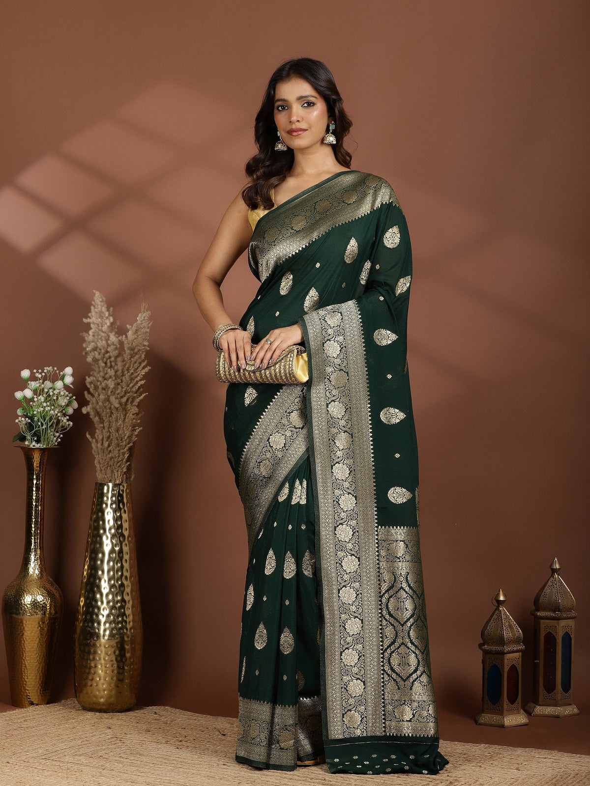 Rama Green Zari Booti Art Silk Saree