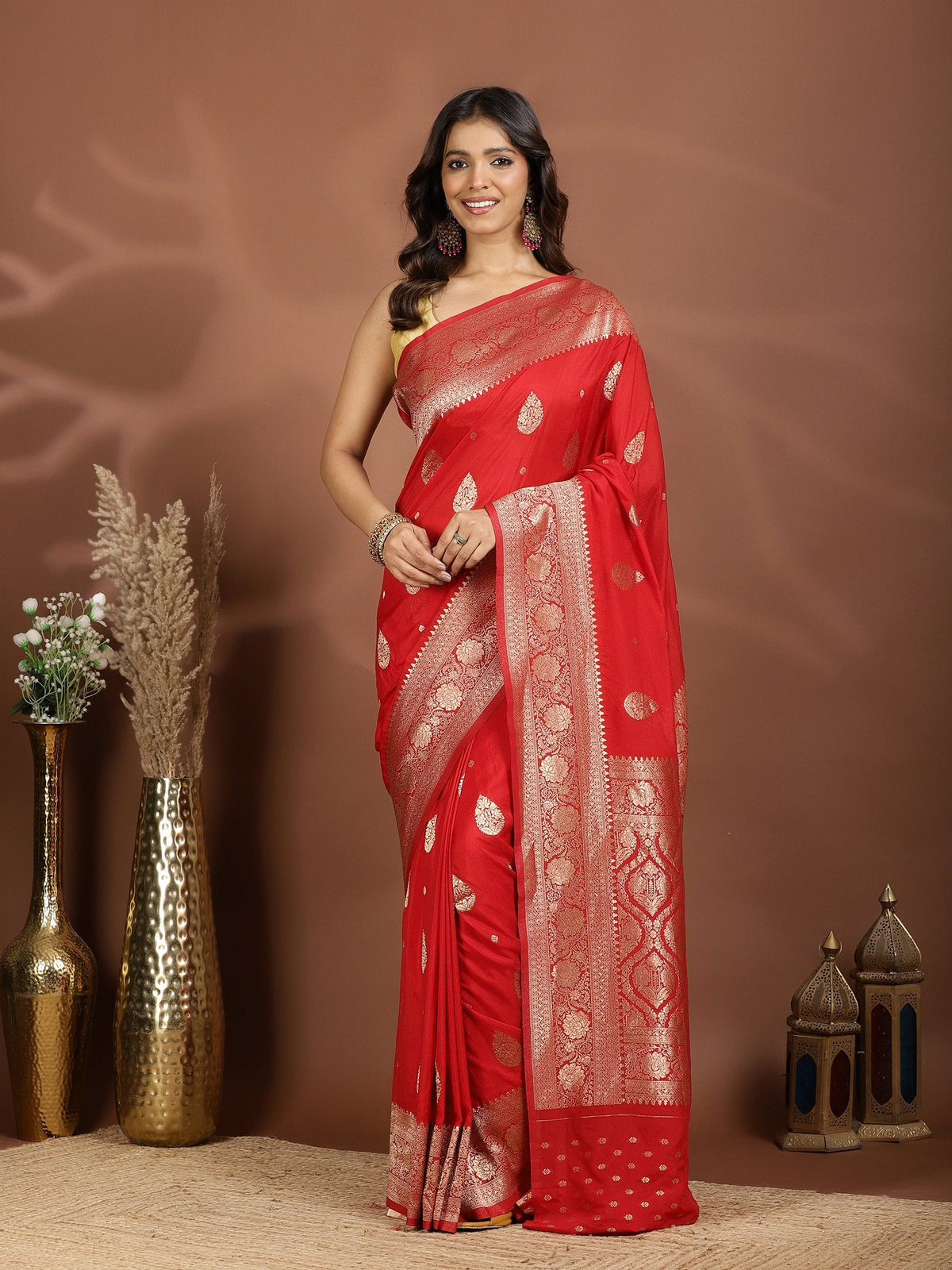 Red Zari Booti Art Silk Saree