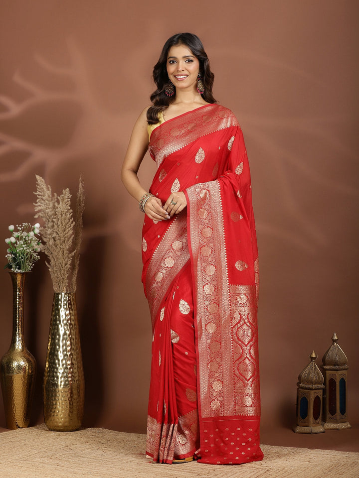 Red Zari Booti Art Silk Saree