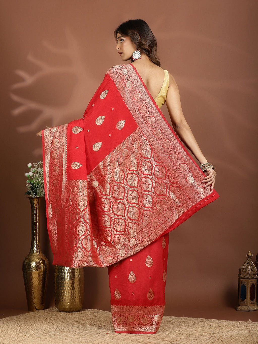 Red Zari Booti Art Silk Saree