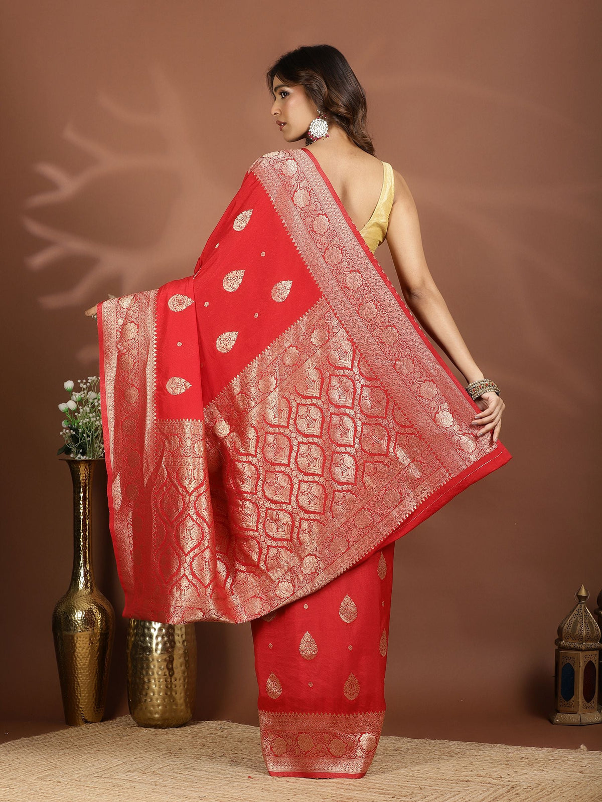 Red Zari Booti Art Silk Saree