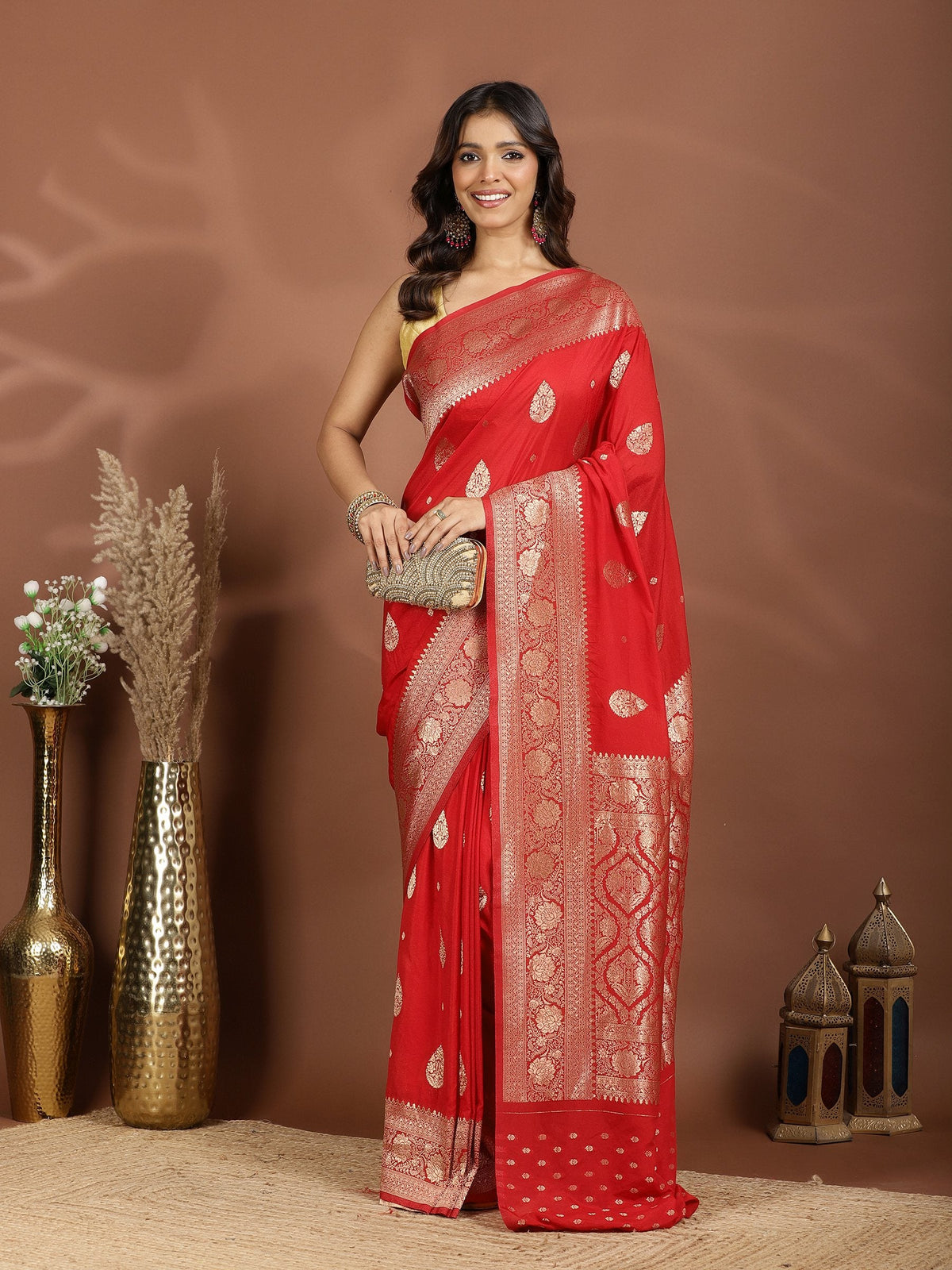 Red Zari Booti Art Silk Saree