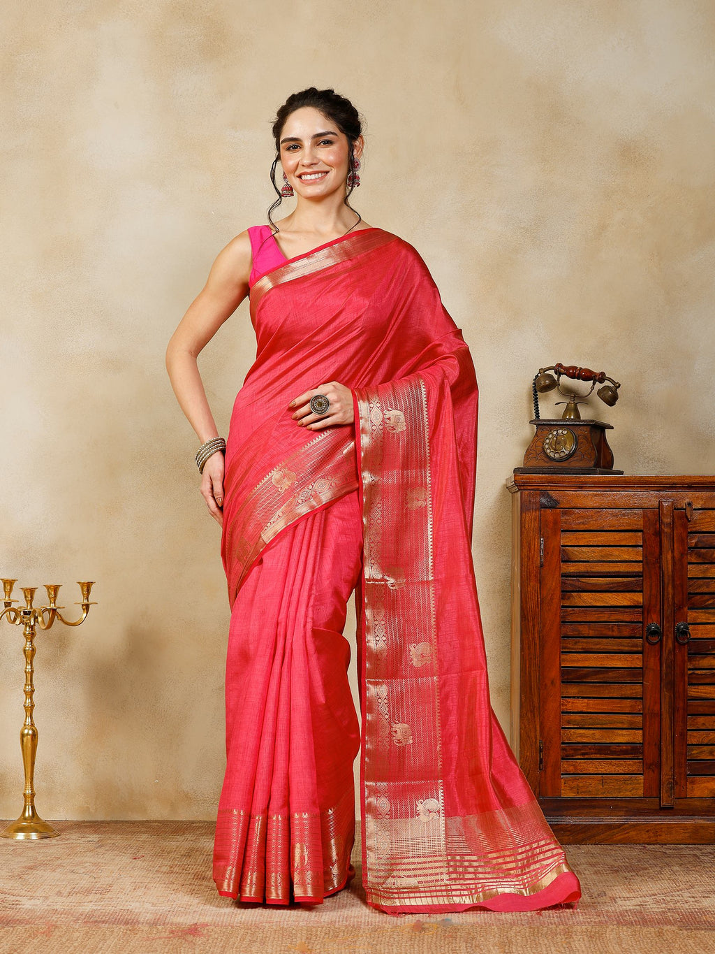 Hot Pink Woven Design Art Silk Saree