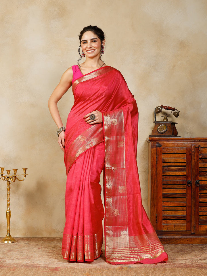 Hot Pink Woven Design Art Silk Saree