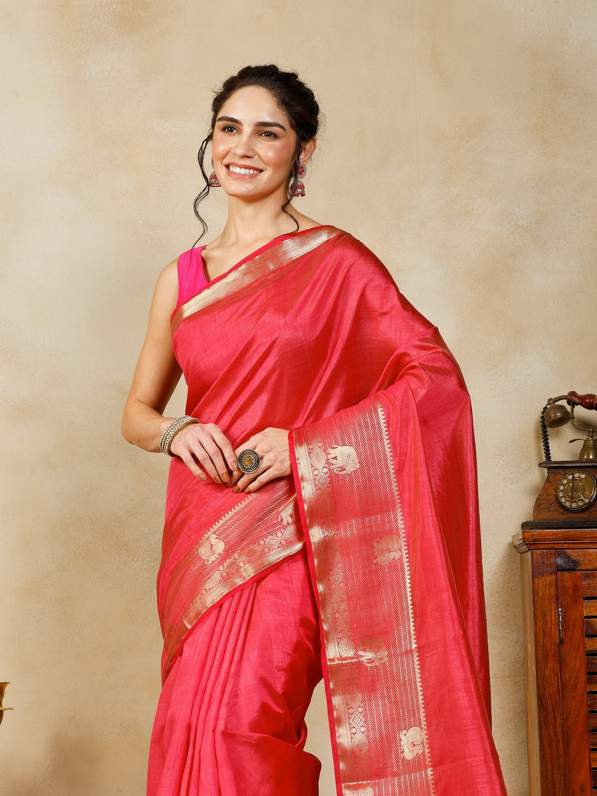 Hot Pink Woven Design Art Silk Saree