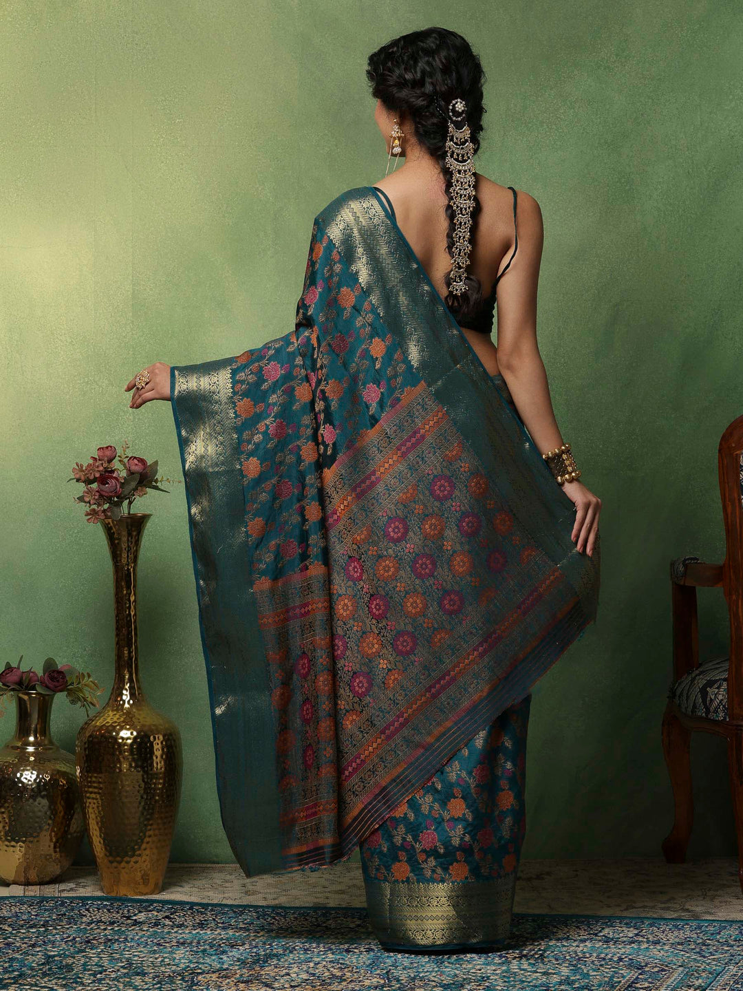 Teal Blue Woven Design Art Silk Saree