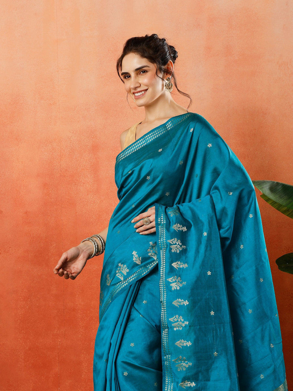 Firozee Zari Booti Art Silk Saree