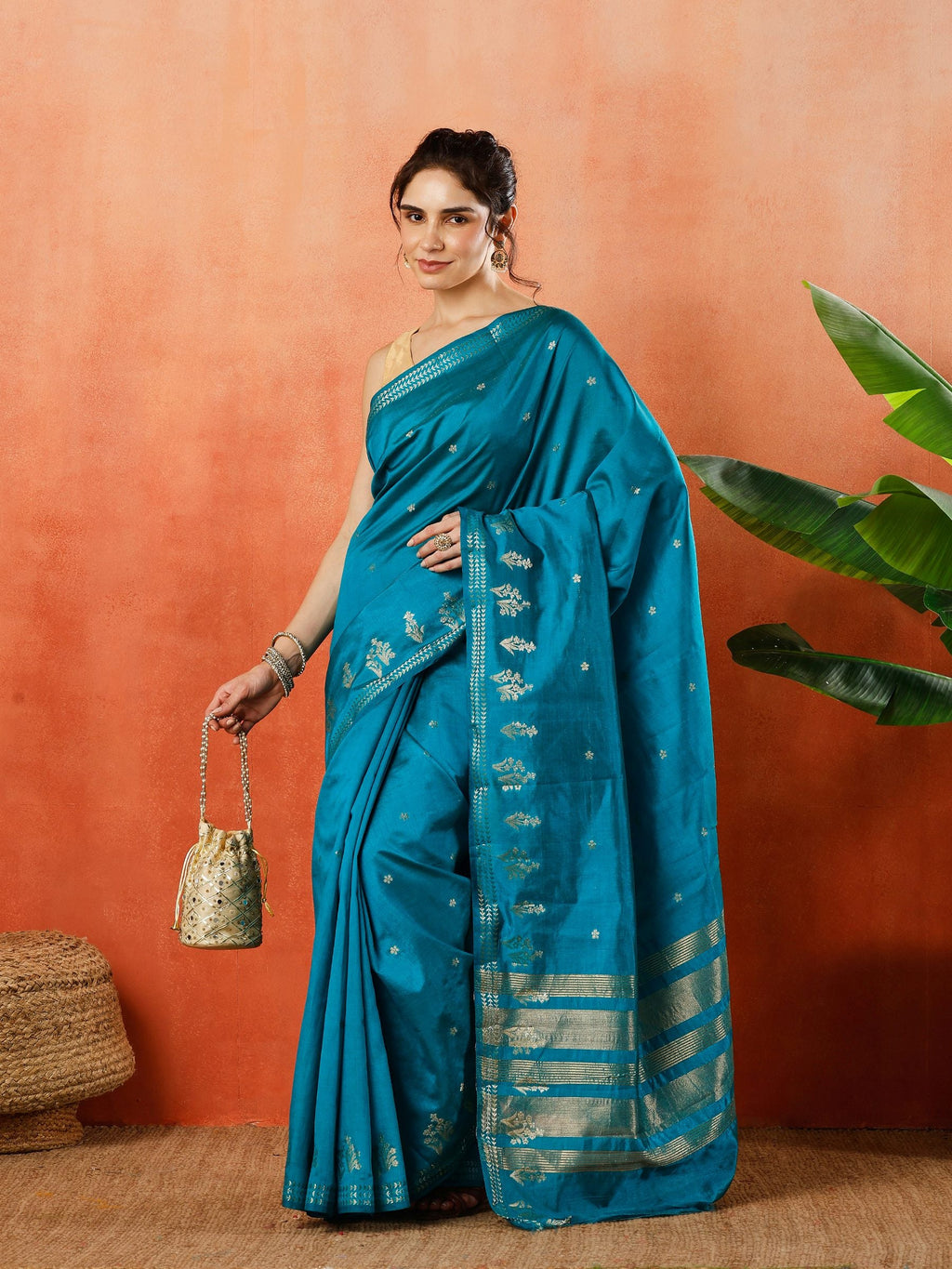 Firozee Zari Booti Art Silk Saree