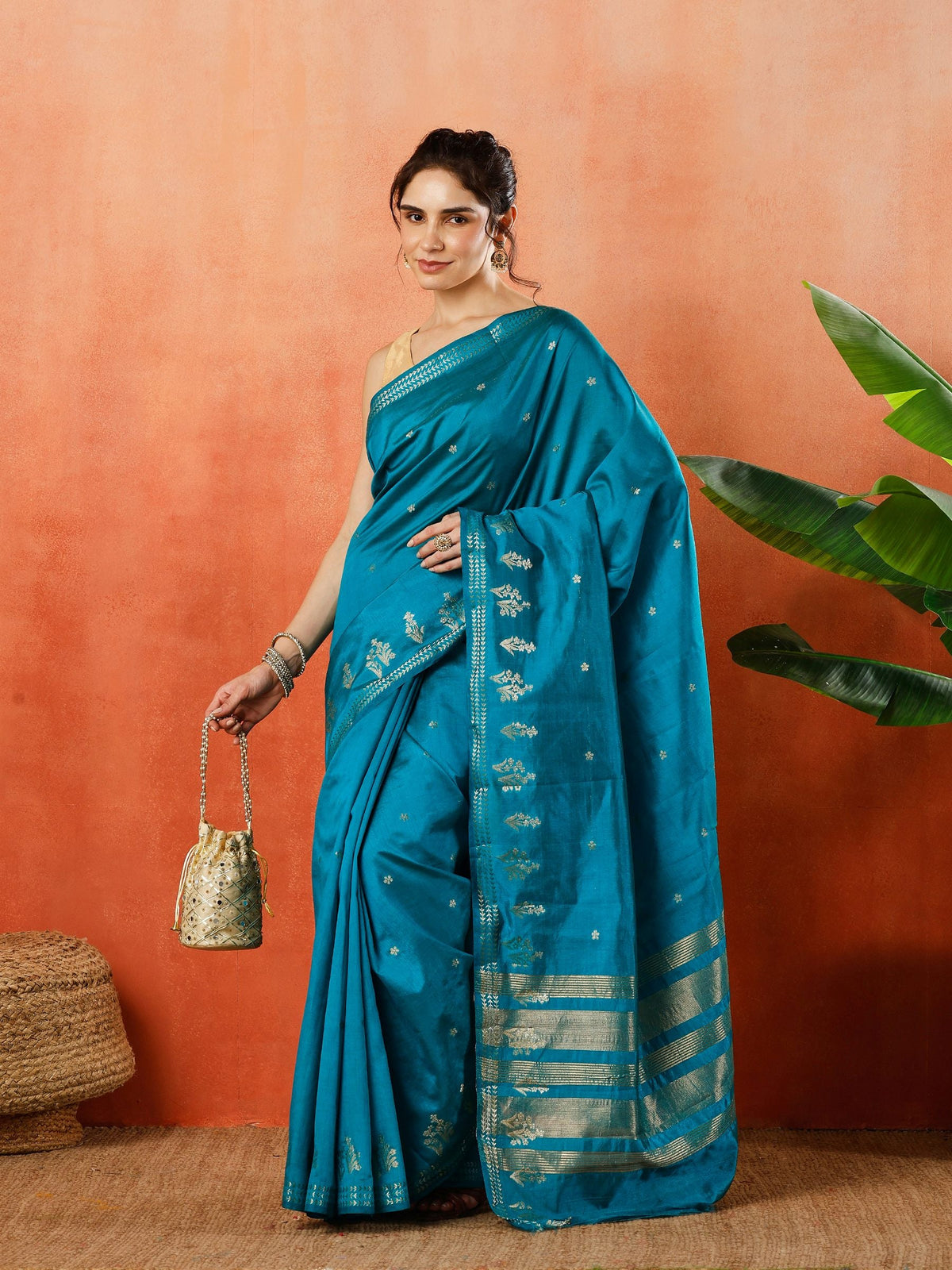 Firozee Zari Booti Art Silk Saree