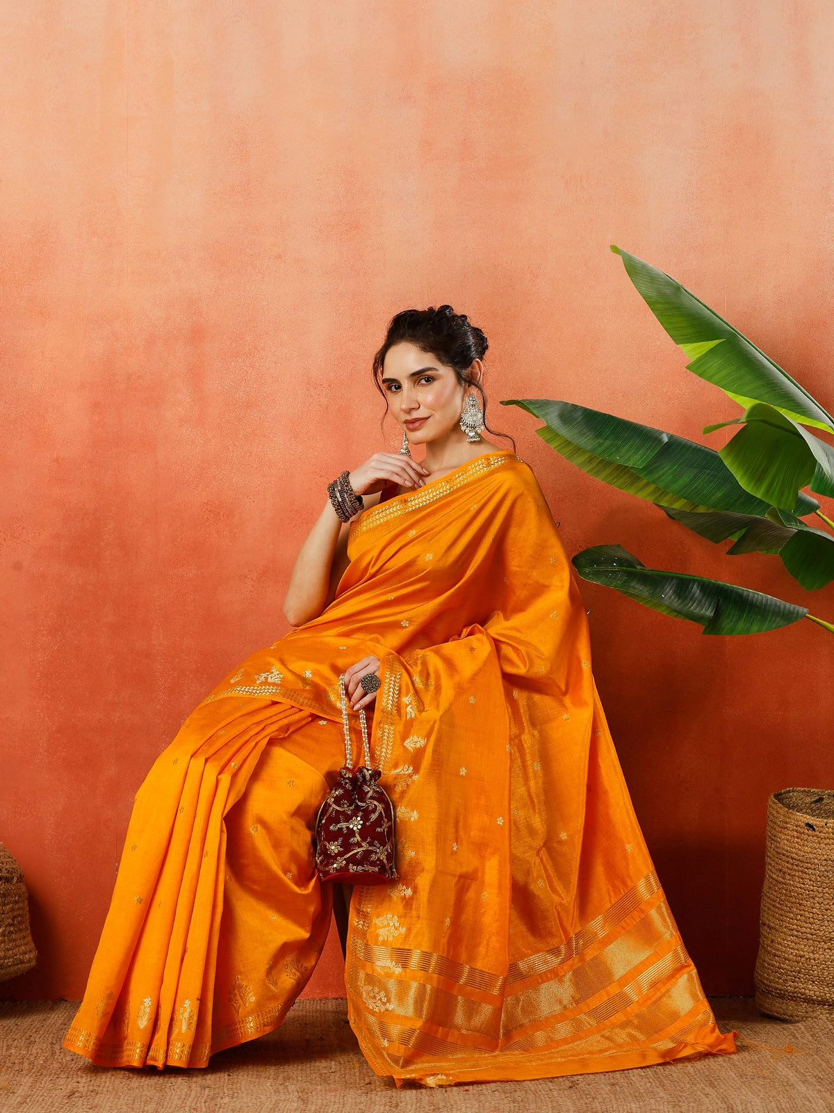 Mustard Zari Booti Art Silk Saree