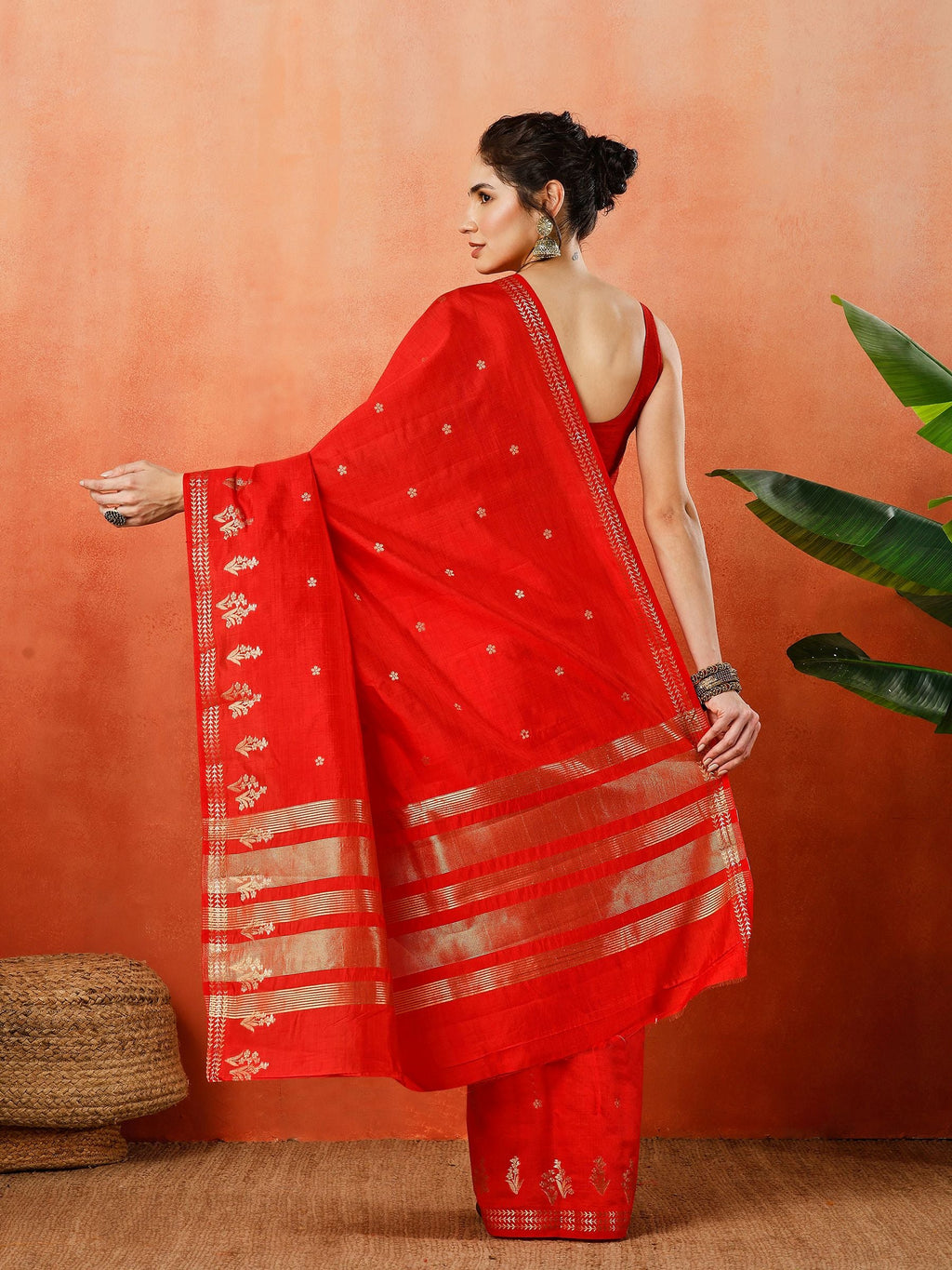 Red Zari Booti Art Silk Saree