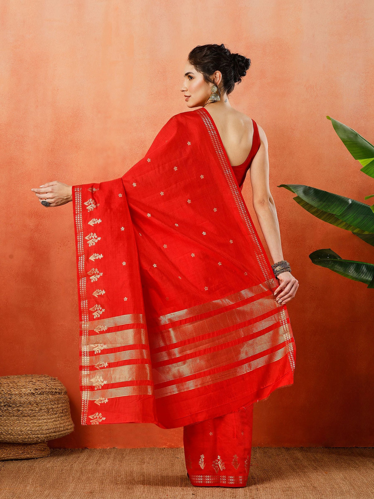 Red Zari Booti Art Silk Saree