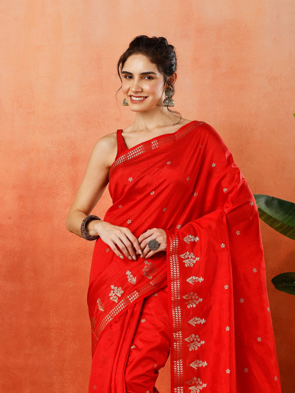 Red Zari Booti Art Silk Saree